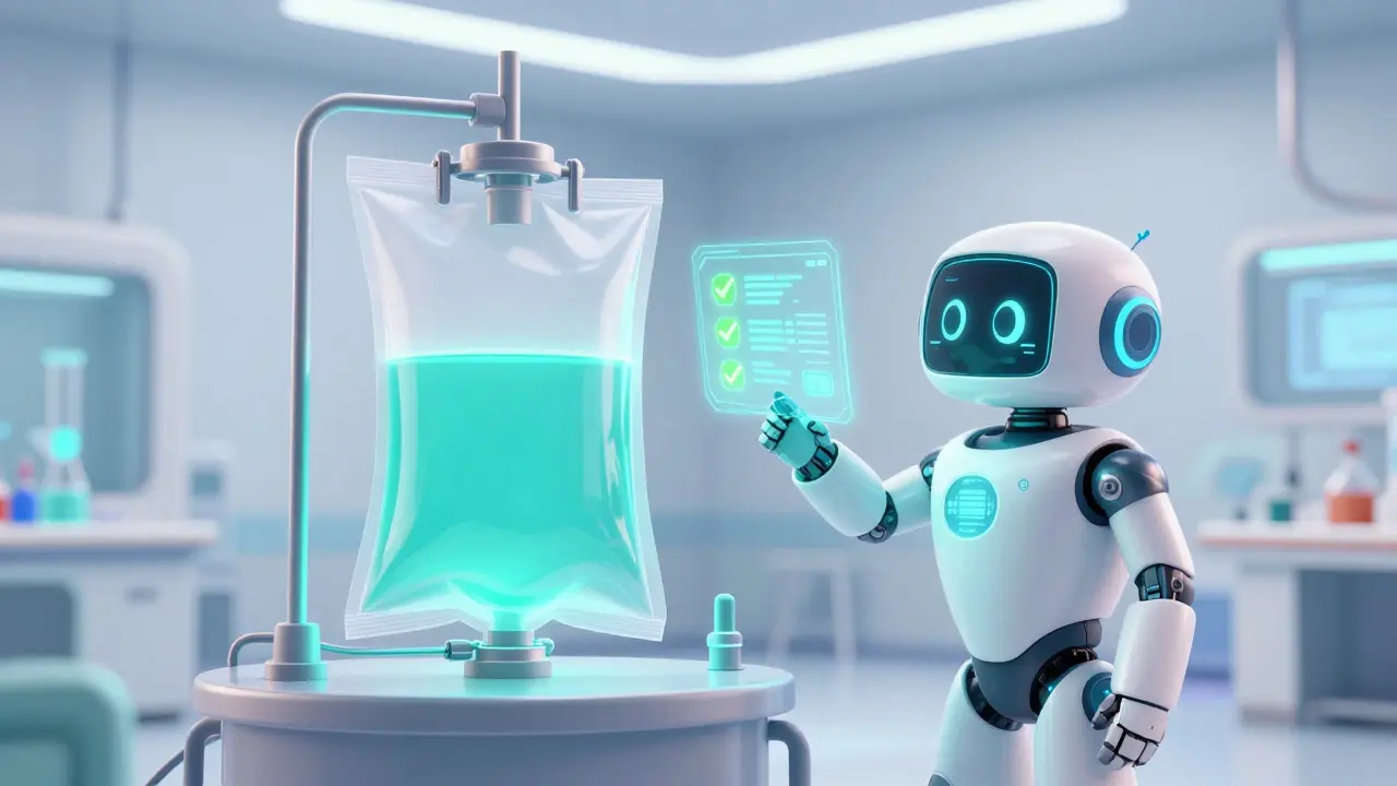 Futuristic cleanroom with a single-use plastic bioreactor and a helpful monitoring robot.