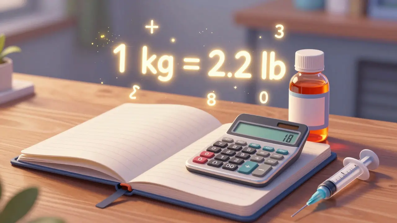 Medical tools and floating math symbols showing weight conversion in Disney style.