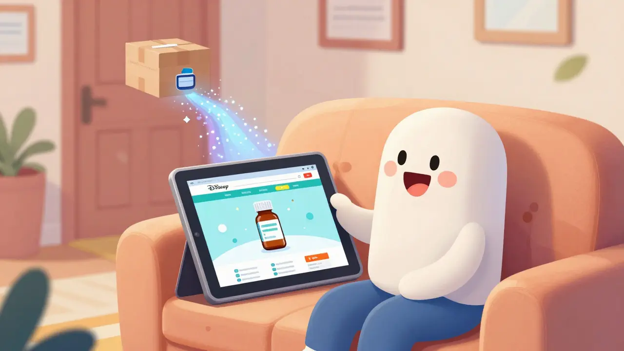 Person using a tablet to safely order medication from an online pharmacy