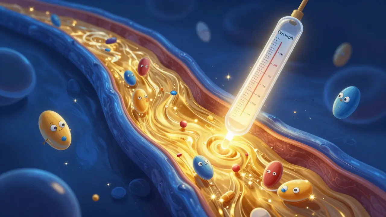 Stylized blood vessels with sparkling medicine molecules being measured by a magical tool.