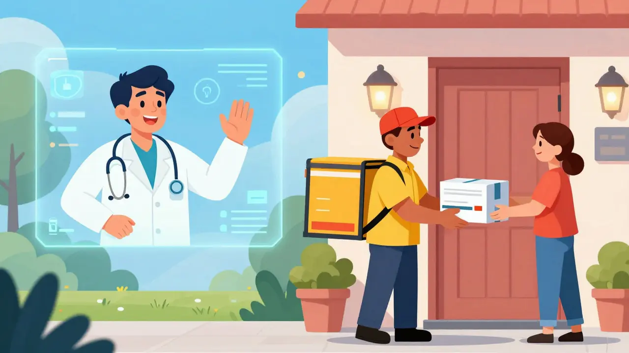 Telehealth doctor on a screen and a pharmacy delivery person at a door.